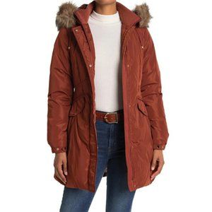 NWT Kate Spade Faux Fur Hooded Down Jacket Puffer Coat Cinnamon Powder Rust S